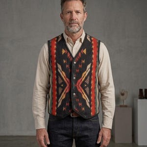May include: A sleeveless vest featuring a dark charcoal base with a vibrant geometric pattern in shades of red, orange, and yellow. The vest has a V-neckline, a button-front closure with metallic buttons, and a straight hemline, worn over a light shirt.