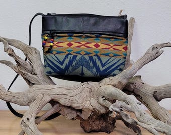 Southwest Shoulder Leather and Wool Purse