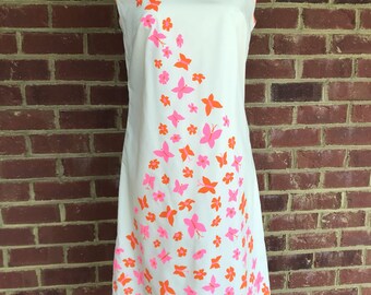 Vintage Vested Gentress shift dress in pink and orange butterflies on white