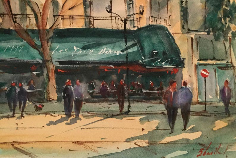 French Cityscape, IV Watercolor of Les Deux Garcons Original Watercolor 6.75x10. Aix En Provence