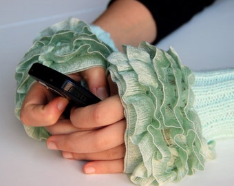 Fingerless Gloves, cozy hand knitted mittens Hand  Knit elegant ruffled mint green gloves, frilly glovesmint green colored ruffle