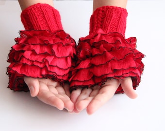 Luvas sem dedos: Luvas vermelhas elegantes com babados tricotadas à mão, luvas com babados da moda redspring