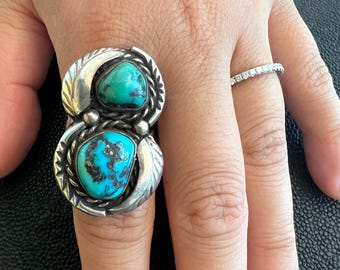 Large Vintage Navajo Sterling Silver Turquoise Ring Native American Artisan Double Turquoise Statement Ring 1970s-1980s