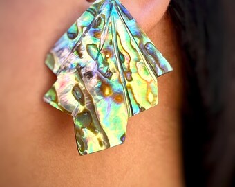 Vintage Abalone Shell Geometric Earrings | Iridescent Mother of Pearl Statement Jewelry