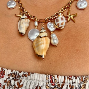 18K Gold Coastal Charm Necklace | Starfish, Shell & Pearl Accents | Adjustable Length