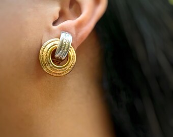 Vintage Large Two-Tone Swirl Clip-On Earrings Chunky Statement Earrings