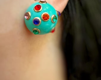 Vintage Turquoise Dome Rhinestone Stud Earrings Chunky Statemment Button Earrings