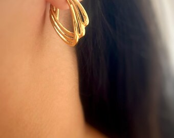 Vintage Monet Gold Tone Hoop Earrings | Sculptural Openwork Hoops | Signed Designer Earrings Lightweight