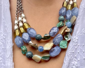 Vintage Multi Strand Beaded Necklace | Blue Beaded Gold Tone Coastal Boho Jewelry