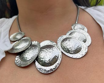 Vintage Silver  Statement Necklace Hammered Disc Bib Necklace Western Chunky Festival Jewelry