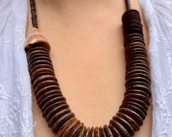 Vintage Wooden Disc Statement Necklace | Boho Shell Beaded Jewelry