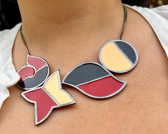 Vintage Monet Statement Necklace Red Black Enamel Abstract Mid Century Modern Sculptural Jewelry