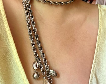 Vintage Light Gold Lariat Necklace with Adjustable Slider and Dangle Tassels