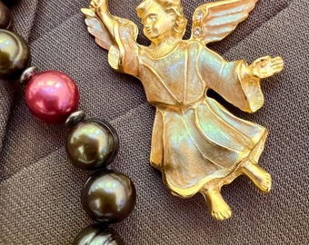 Vintage Gold Angel Brooch | Mid Century Enamel Rhinestone Cherub Pin