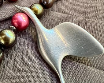 Vintage Silver Crane Bird Brooch – Minimalist Flying Bird Pin – Mid Century Style Jewelry