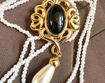 Vintage Napier Gold Brooch Pearl Drop Signed Statement Jewelry