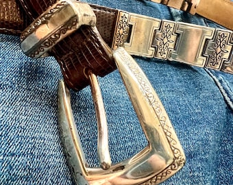 Vintage Brighton Lizard Embossed Leather Belt with Silver Concho Links