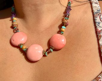 Collar vintage Napier con cuentas gruesas • Collar llamativo • Joyería de cuentas rosas coloridas • Collar de moda retro