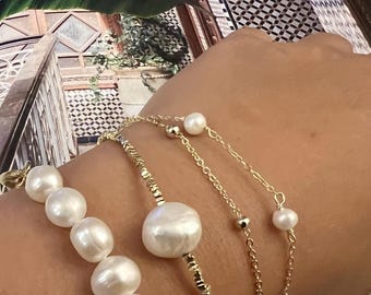 14K Gold Dainty Freshwater Pearl Double or Single Chain Bracelet | Adjustable