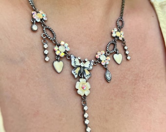 Sweet Romance Butterfly Necklace | Yellow Enamel Rhinestone Floral Dangle Statement Vintage