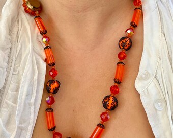 1960s Orange Lucite Statement Necklace and Earrings Set, Retro Beaded Mid Century Jewelry