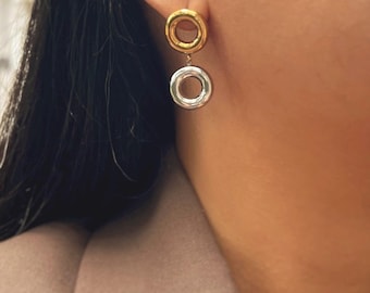 18K Gold Two tone Double Hoop Stud Earrings | Chunky Hoops