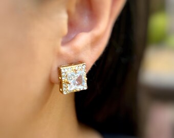 Vintage Rhinestone Clip On Earrings Square Crystal Gold Tone Statement