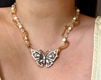 Vintage Multi Strand Butterfly Necklace | Cream Bead Statement Jewelry, Lightweight Cottagecore Style