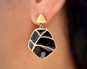 Vintage Trifari Black Enamel Statement Earrings | Gold Tone Geometric Dangle Earrings | 1980s Designer Jewelry