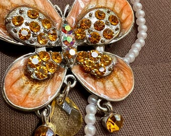 Vintage Schmetterling Brosche Bernstein Strass Emaille Flügel Anhänger Pin | Goldfarbener Statement-Schmuck