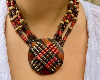 Vintage Boho Wooden Multi-Strand Beaded Necklace | Tribal Statement Necklace | Handcrafted Wood Pendant Jewelry