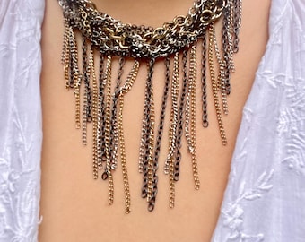 Vintage Layered Chain Fringe Choker Necklace | Mixed Metal Statement Necklace | Boho Glam Adjustable Collar