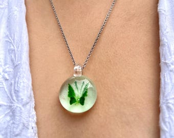 Hand Blown Glass Butterfly Pendant Necklace | Green Art Glass Fairycore Jewelry