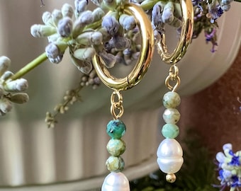 18k Gold Olive Stone Dainty Earrings | Minimalist Beaded Drop Earrings