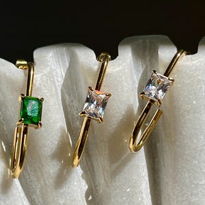 18k Gold Rectangular Hoop Earrings with Clear & Green CZ | Bold Statement