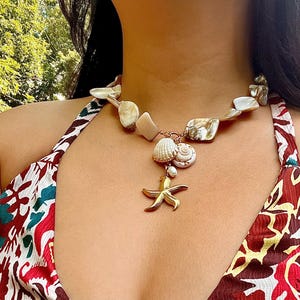 18K Gold Starfish & Seashell Necklace | Chunky Coastal Lariat Y Necklace