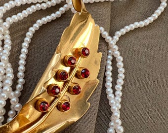 Vintage Gold Leaf Brooch Red Rhinestones, Retro Botanical Statement Pin
