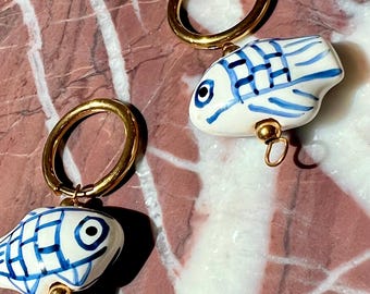 18K Gold Hand painted Sardine Drop Earrings | Ceramic Removable Fish Charm