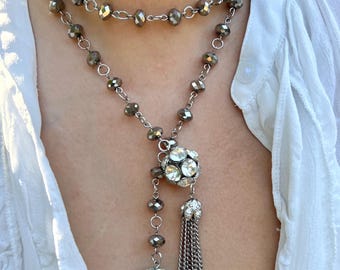 Vintage Long Silver Tone Rhinestone Tassel Lariat Necklace – Claspless Multi-Wear Statement Chain