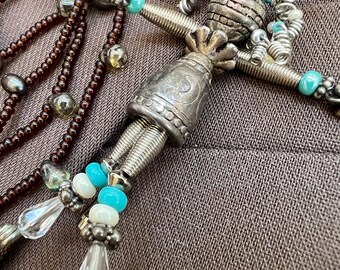 Vintage Artisan Doll Brooch Dangling Beaded Pin Silver Tone Folk Art Figural Jewelry