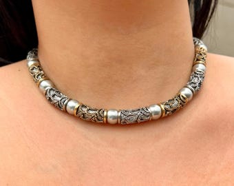 Vintage Chunky Two Tone Pearl Choker Necklace | Bali Style Statement Necklace