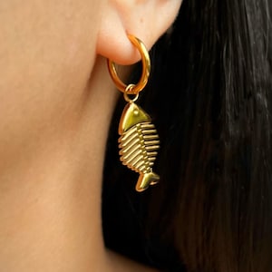18K Gold Sardine Fish Earrings | Removable Charm Dangle Hoop Earrings