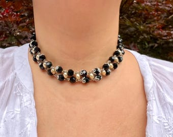 Vintage Black Bead & Pearl Choker Necklace | Elegant Beaded Statement Collar | Y2K Formal Jewelry