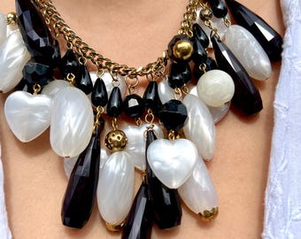 Vintage Acrylic Heart Charm Bib Necklace | Black White Y2K Statement Jewelry
