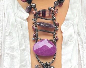 Vintage Purple Stone Beaded Lariat Necklace – Fringe Statement Boho Jewelry
