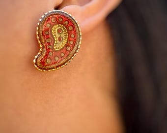 Vintage Red Paisley Clip-On Earrings |  Statement Earrings | Gold Tone Retro Jewelry
