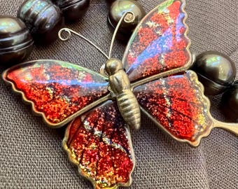 Vintage 1960s Red Glitter Enamel Butterfly Brooch | Gold Tone Insect Statement Pin