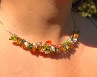 Vintage Gold Tone Choker Necklace, Green Orange Gemstone Beaded Statement Jewelry