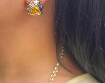 Chunky Citrine CZ Earrings | Vintage Two Tone Renaissance Revival Triangular Studs | Statement Jewelry