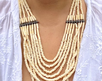 Vintage Multi Strand White Beaded Necklace Boho Layered Statement Necklace Ethnic Tribal Style Lightweight